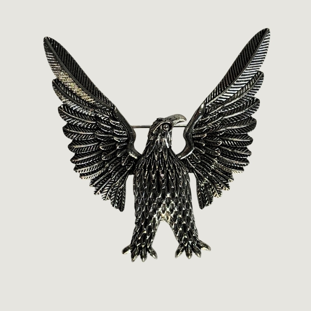 Vintage Silver Tone Eagle Brooch Spread Wing Bird Statement Pin Biker Americana